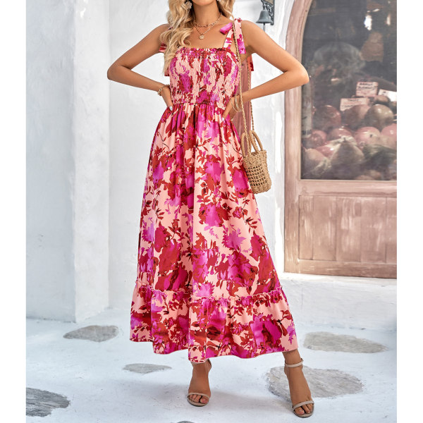 Maxi-kjole med rynket trykk, stropper og plisseringer - Fashionabel og elegant maxi-kjole for kvinner til date og fest - Rød - S