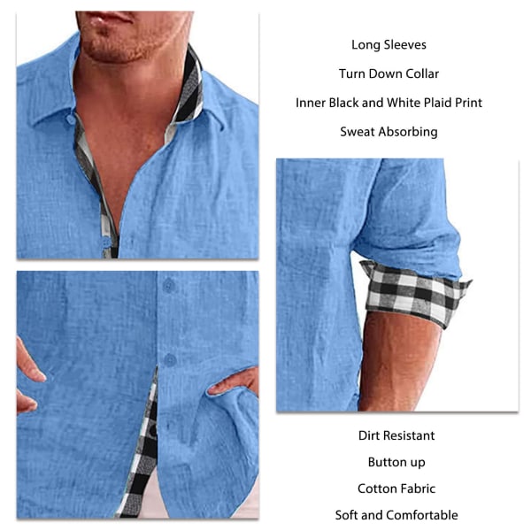 Herrknappskjorta med lång ärm, nedfälld krage, enfärgad utsida och rutigt tryck på insidan, lös och ledig, mjuk herrskjorta, blå, XXL