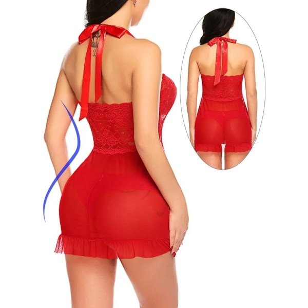 Kvinnors Lingerie Nattkläder Låg Skuren Justerbar Spets Nattlinne med Triangulära Trosor för Dejtnatt Bröllopsnatt Röd XL