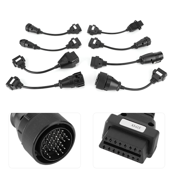8 stk. Truck OBD2 Connector Forlængerkabler Auto Diagnostic Tool Fuld Sæt Sort DC 12V
