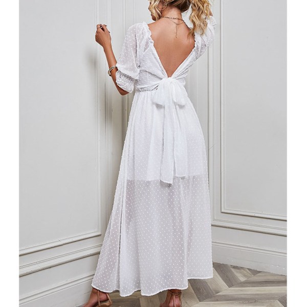 YJ Naisten pitkä mekko syvä V-selkä puff hihat olkapäätön yksivärinen mekko päivittäiseen käyttöön valkoinen S