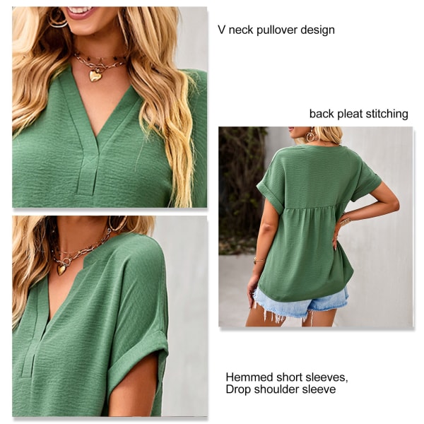 Dame V-hals T-shirt med korte ærmer, afslappet, stilfuld, ensfarvet, løs og behagelig V-hals pullover top, grøn XL