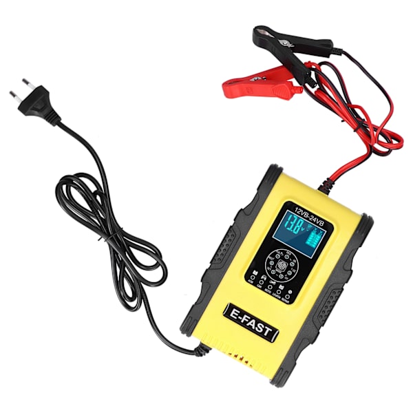 Intelligent batterioplader 12V/12A 24V/6A 7-trins opladningspulsreparation til bilbåd Gul Sort EU-stik 100-240V