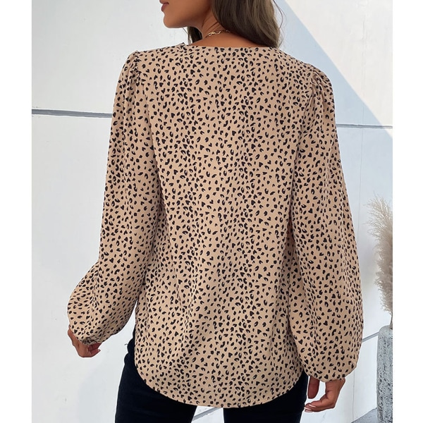 Naisten pusero V-kaula lyhty pitkähihainen löysä helma leopardikuvio joustava hihansuu tunikapaita Khaki XL