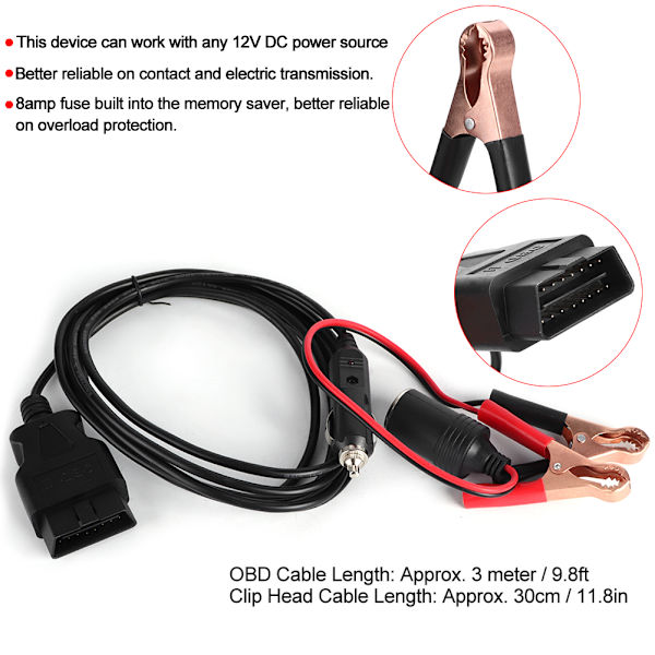 OBD2 Nödströmförsörjningskabel ECU Memory Saver Car Extension Socket
