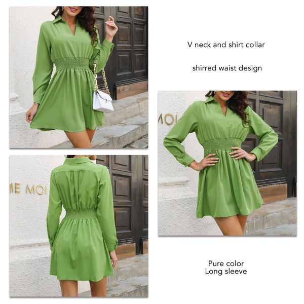 Langærmet kjole V-hals ren farge skjorte krage polyester fiber kvinners rynket kjole for fest kontor dating gressgrønn S