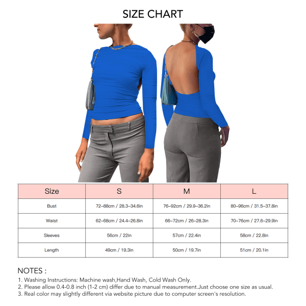 Naisten lyhyt toppi, kaksinkertainen selkämys, hengittävä pitkähihainen, yksivärinen tyylikäs T-paita, tummansininen, L