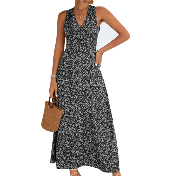YJ Women Maxi Dress V Neck Backless High Waisted Casual Fit Sleeveless Soft Printed Maxi Dress for Summer Black L