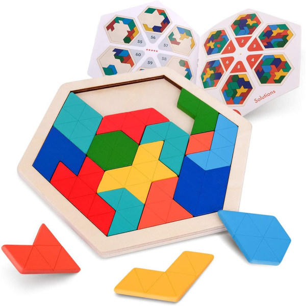 Træpuslespil til børn - sekskantet formmønster Tetris-blok Tangram Logic IQ-spil STEM Montessori Brain Teaser Legetøjsgave til teenagere（1 stk.）