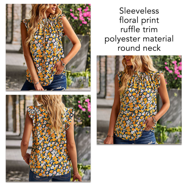 YJ Naisten kukkakuvioinen hihaton pusero pyöreä pystykaulus röyhelökoriste polyesteri toppi päivittäiseen käyttöön keltainen M