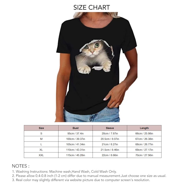 Rund hals T-shirt 3D kattemønster Fashion komfortabel åndbar kortærmet T-shirt til kvinder mænd sort L