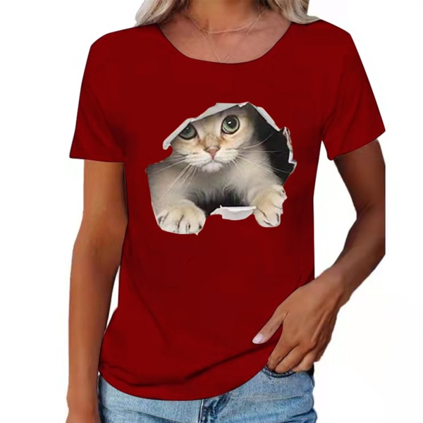 Rund hals T-shirt 3D kattemønster Fashion komfortabel åndbar kortærmet T-shirt til kvinder mænd vinrød L
