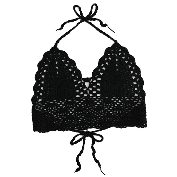 YJ Crochet Bra Top Tied V Neck Soft Slim Hollow Out Fashion Halter Neck Knitted Bikini Top for Women Black S