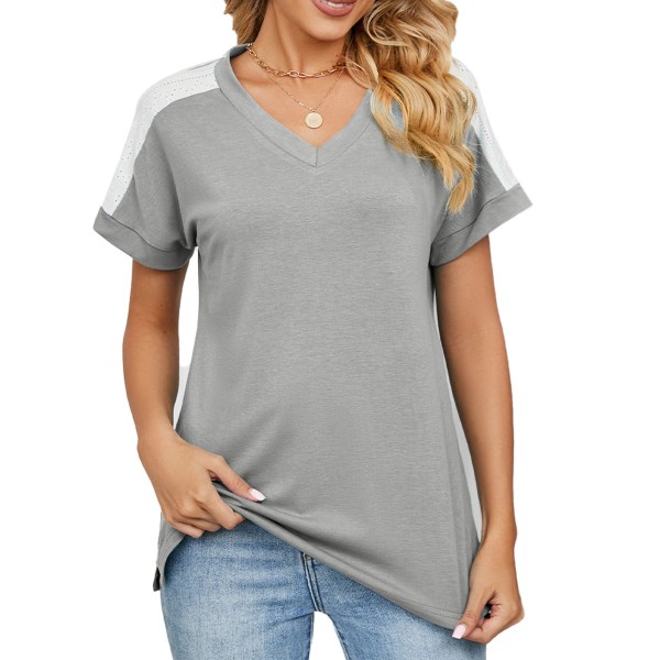 YJ Women T Shirt V Neck Short Sleeve Comfortable Top Breathable Tee for Party Office Grey S