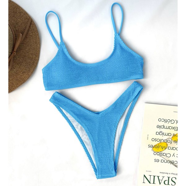 Naisten uimapuku Kaksiosainen korkea leikkaus Spagettihihna Puhdas väri Joustava plisseerattu Bikini Bating Suit Sininen S