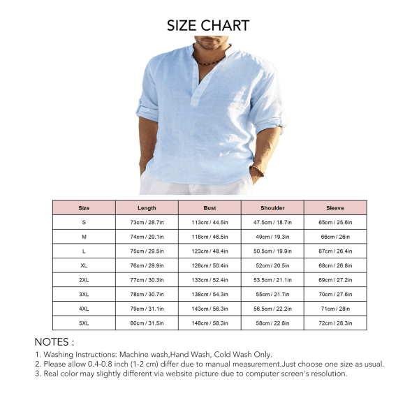 Herre Casual Ensfarvet Skjorte Ståkrave Langærmet Løs Åndbar Let Top til Strand Lyseblå XL