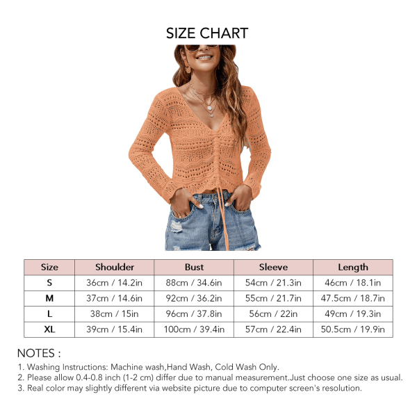 Striktrøje til kvinder med snøre, rynket, lange ærmer, ensfarvet V-hals, UV-beskyttelse, hulmønstret top, orange, L