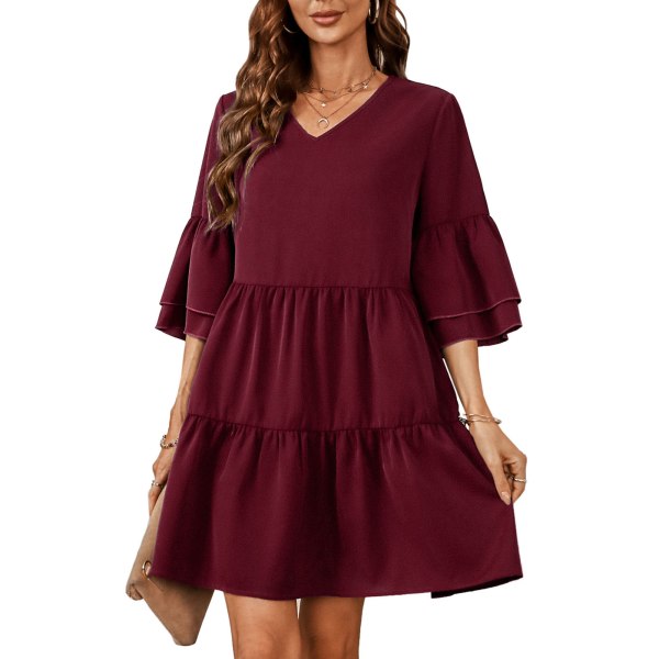 YJ Women Dress Ruffle Hem V Neck Half Bell Sleeve Pure Color Casual Breathable Summer Dress Dark Wine Red M