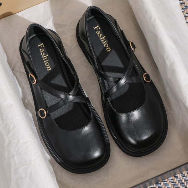 YJ Crisscross-sko, mjukt foder, PU-utseende, bekväm, rund tå, elegant damsko, svart, 37