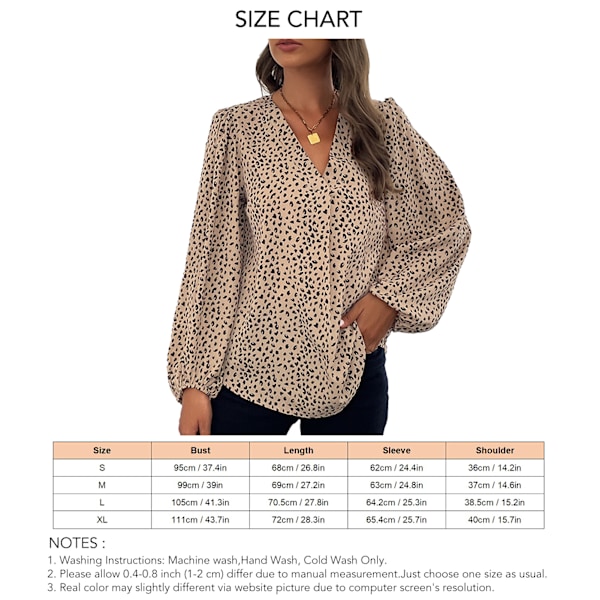 Kvinnors blus V-ringad lykta långärmad lös fåll leopardtryck elastisk manschett tunika skjorta khaki L