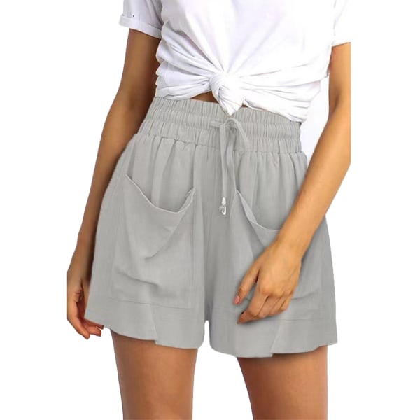 Women Casual Shorts Drawstring Elastic Waist 2 Large Front Pocket Plain Pattern Summer Loose Shorts Gray XXL