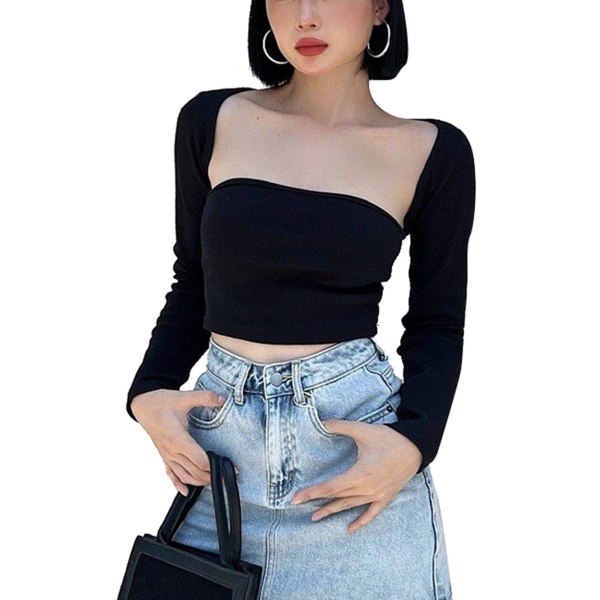 Long Sleeve T Shirt Women Casual Fashionable Pure Color Slim Fit Pullover Top Blouse for Dating Party Black S