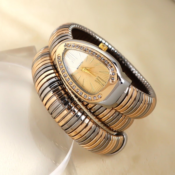 BIFANXI slangeklokke, motearmbåndsklokke for kvinner, kreativ kvartsklokke+ Gold and silver gradient, gold dial