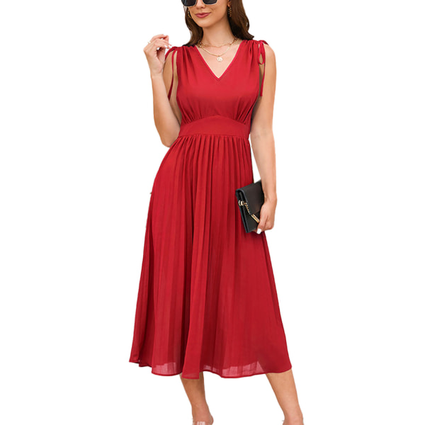 YJ V Neck Drawstring Tie Shoulder Dress Women Pure Color Sleeveless Waist Gathered Pleated A Line Dress Red XXL