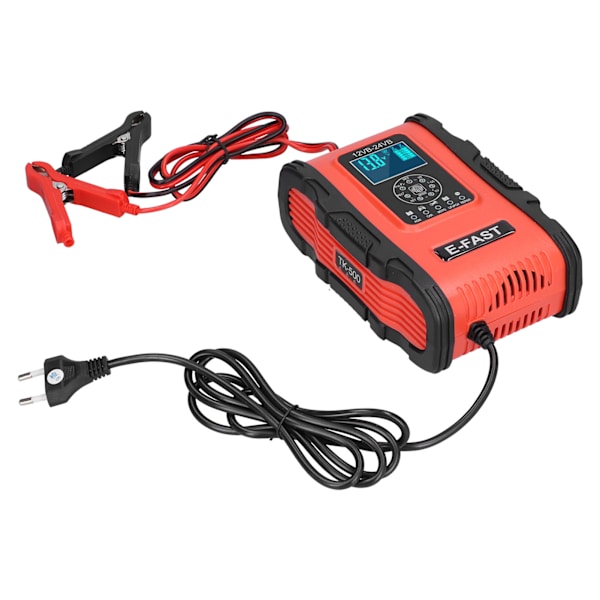 Smart batterioplader 12V/12A 24V/6A 7-trins Opladningspulsreparation til bil Motorcykelbåd Rød Sort EU-stik 100-240V