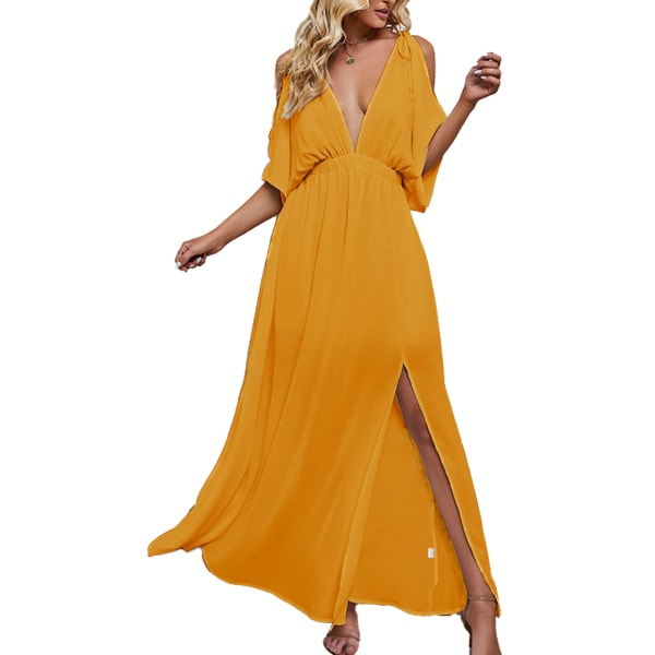 YJ Women Long Dress Deep V Neck Flowy Chiffon High Split Elegant Summer Dress for Female Yellow S