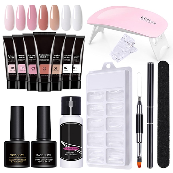 Nagelgel-kit med förlängningsgel, former, lampa, fil - Nybörjarstartkit
