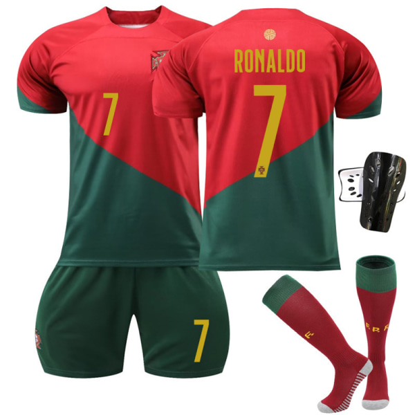 Portugal Hjemmetrøje Børne fodboldsæt for voksne jersey sports-T-shirt No. 7 + socks + shin pads 16(90-100cm)