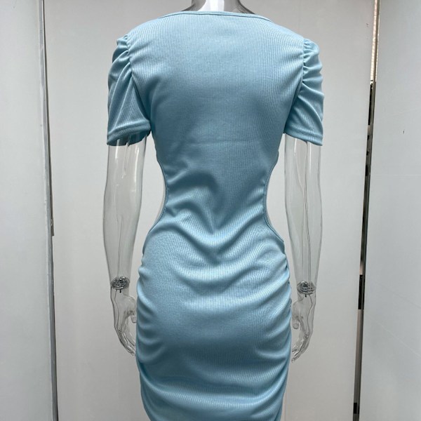 YJ Kvinnors korta klänning midja utskuren remmar länk korta ärmar höft omslag snygg kort klänning ljusblå XL