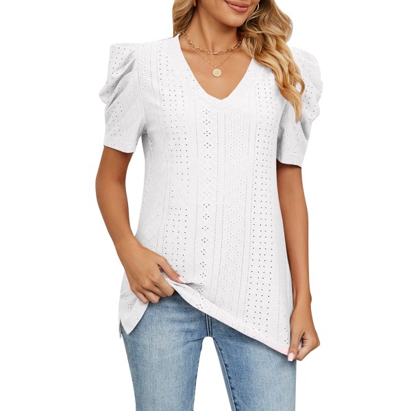 YJ Women Short Sleeve Shirt Puff Sleeve V Neck Loose Pure Color Women Eyelet Shirt Top for Summer White L