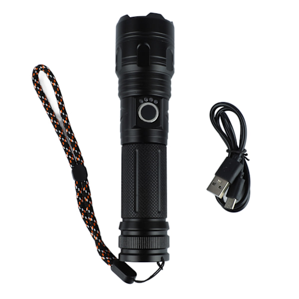 Teleskopisk Ficklampa Super Ljus Lång Räckvidd Batteriindikator Aluminiumlegering USB Ficklampa för Utomhus Camping