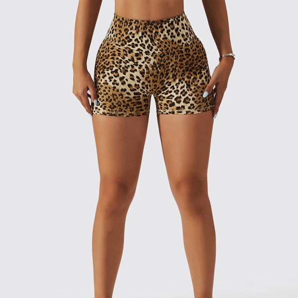 YJ Leopard Yoga Shorts Høy Midje Rumpe Løft Fitness Trening Trening Løping Shorts for Løping Pilates Tennis Brunlig Gul L