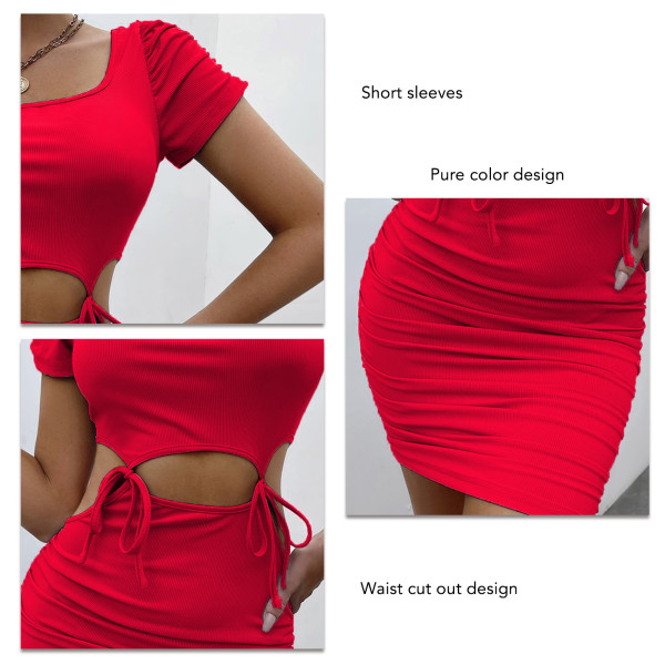 YJ Korte kjole til kvinder med taljeudskæring, stropper, korte ærmer og hofteindpakning, stilfuld kort kjole, rød, L