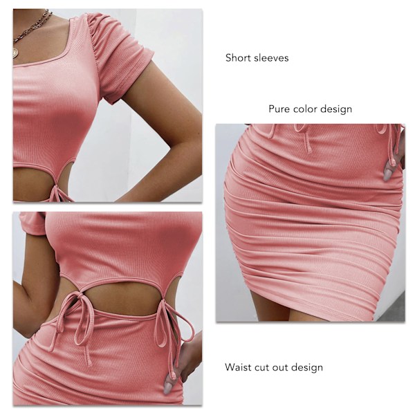 YJ Kvinnors korta klänning midja utskurna remmar länk korta ärmar höft omslag snygg kort klänning rosa XXL