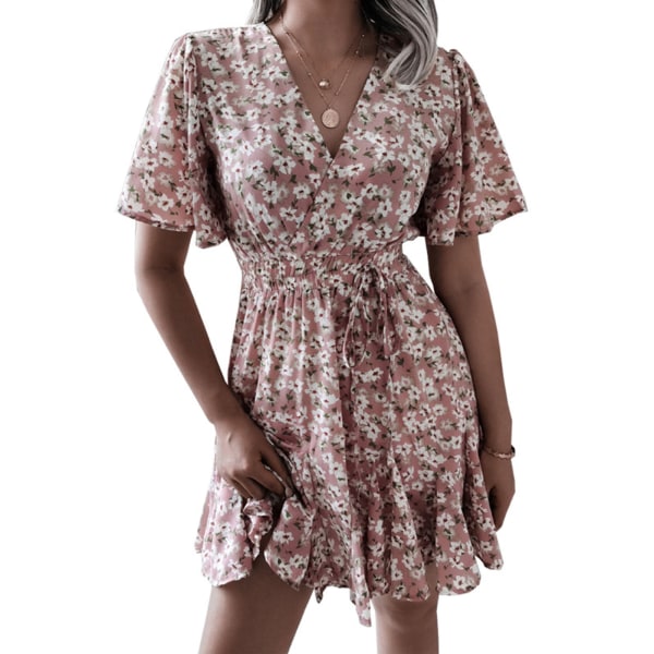 Short Sleeves Floral Dress V Neck Tied Shirred Waist Elastic Elegant Floral Print Short Dress for Women Pink S