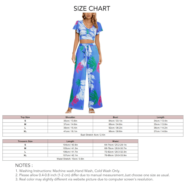 YJ Dam tryckt avslappnad kostym topp byxor set volangärm V-ringad skjorta kort topp hög midja elastiskt band byxor blå L