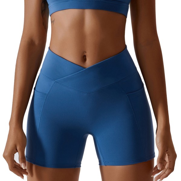 Cross Waist Yoga Shorts Side Pocket Slim Fit Fashionable Stylish Pure Color Cross Waist Workout Shorts Blue 8/S