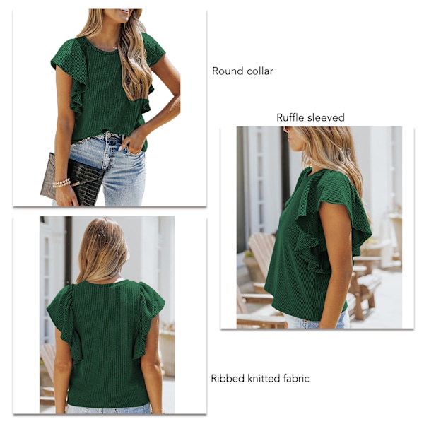 YJ Ruffle ærmet Rib bluse kort ren farve strikket casual fit Rib bluse til kvinder Dating Mørkegrøn 3XL