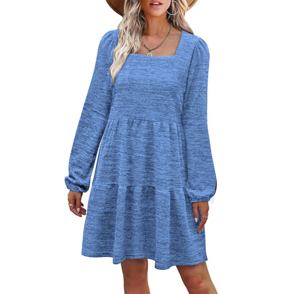 Long Sleeve Dress Squared Neck Pure Color Tiered Design Puff Sleeve Women Summer Tunic Dress for Party Office Lake Blue S