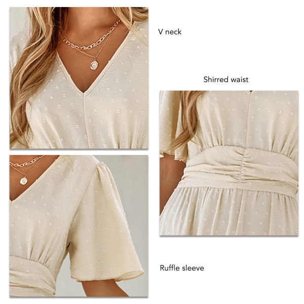 YJ Dame V-hals Kort Ruffle Ærme Kjole Sommer Casual Swiss Dot Shirred Talje Midi Kjole til Fest Abrikos S