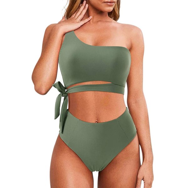 Kvinnors baddräkt tvådelad en axel hög midja stretchig andningsbar vadderad trådlös bikini set grön L