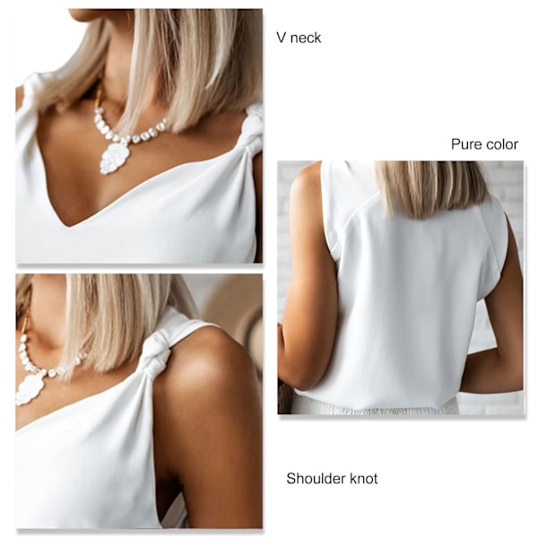 YJ V-hals axelknut tank top kvinnor enkel elegant lös casual enfärgad ärmlös topp för kontorsarbete vit M