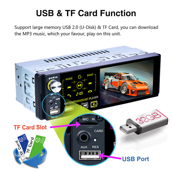 1 Din Bilradio HD Audio Stereo Multimedieafspiller Bluetooth MP5 Autoradio Touchskærm Digital Display USB SD FM