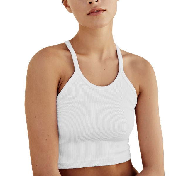 Kvinnors träningslinne, moderiktig U-ringning, smalt passande spaghettiband, rygglös, dam ärmlös linne, vit XL