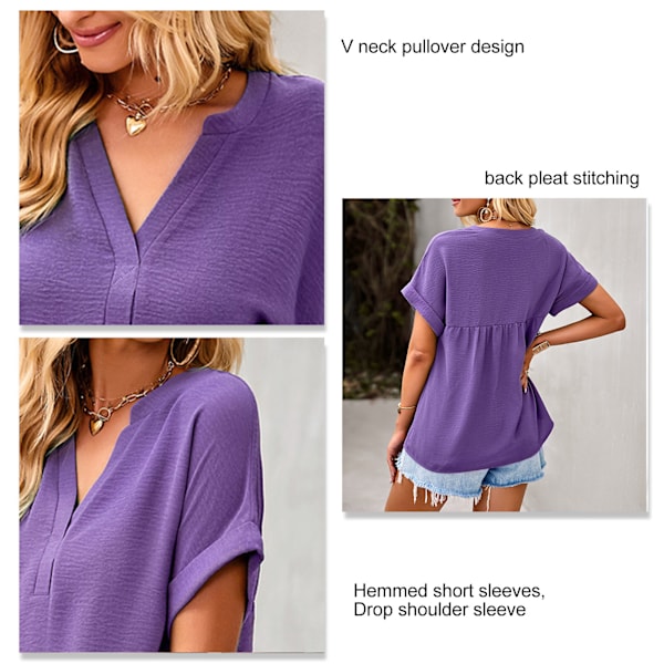 Naisten V-aukkoinen lyhythihainen paita, rento tyylikäs yksivärinen löysä mukava V-aukkoinen pusero, violetti, XL