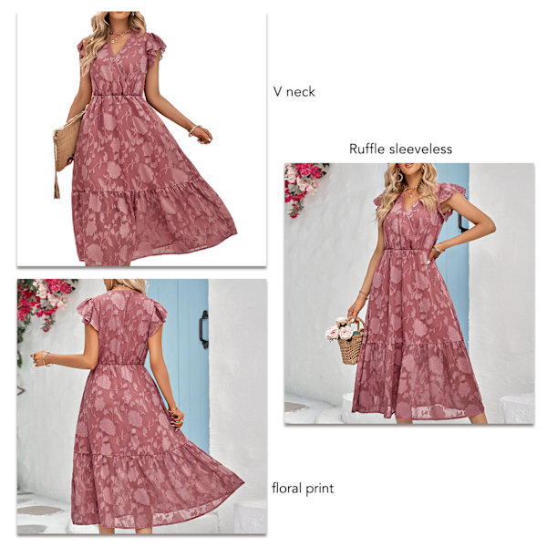 Elegant lang kjole til kvinder med V-hals, flæser og blomsterprint, knælang kjole til forår og sommer, pink, S